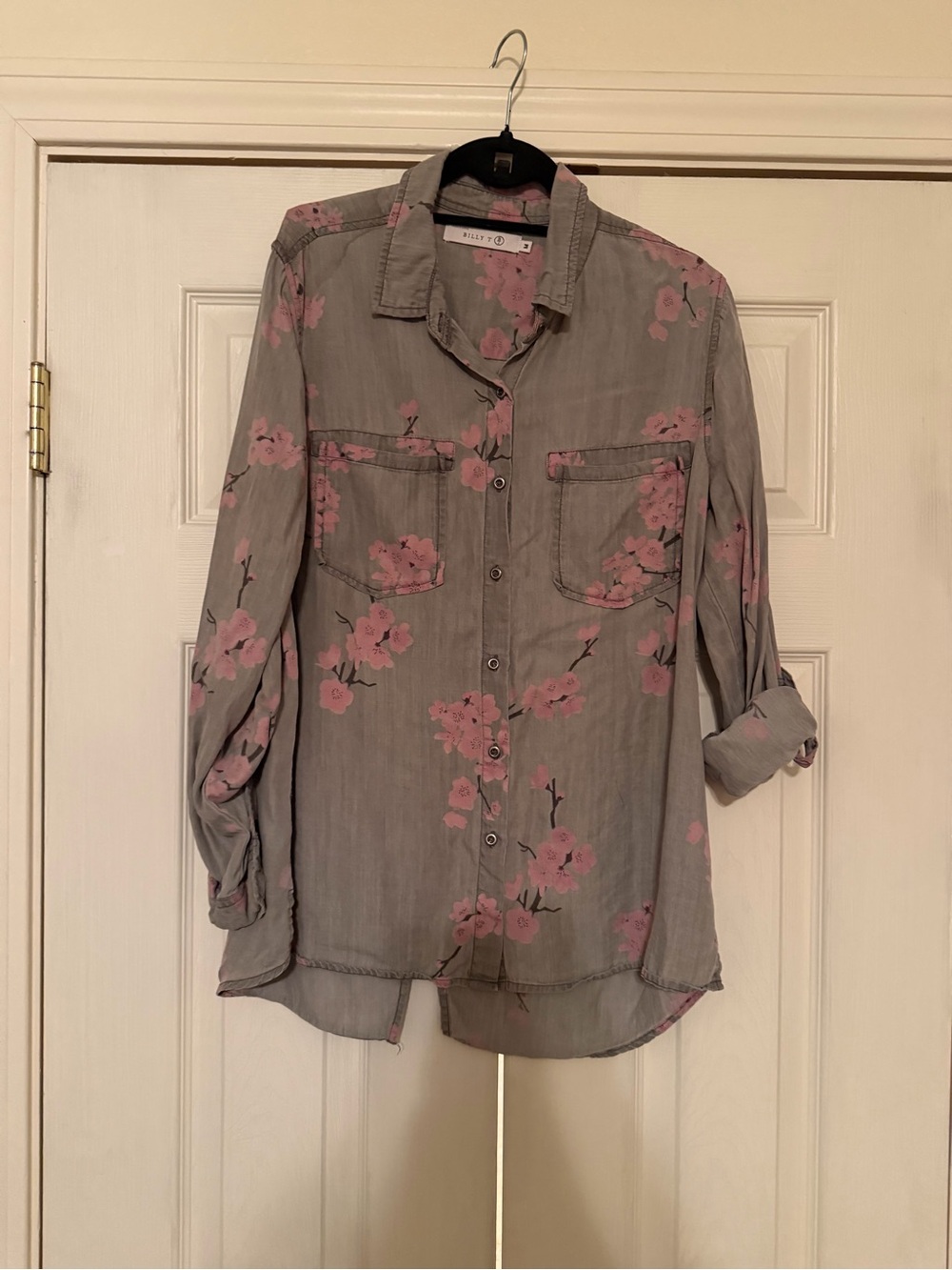 Billy T Floral Button-Front Blouse in Gray with Pink Blossoms